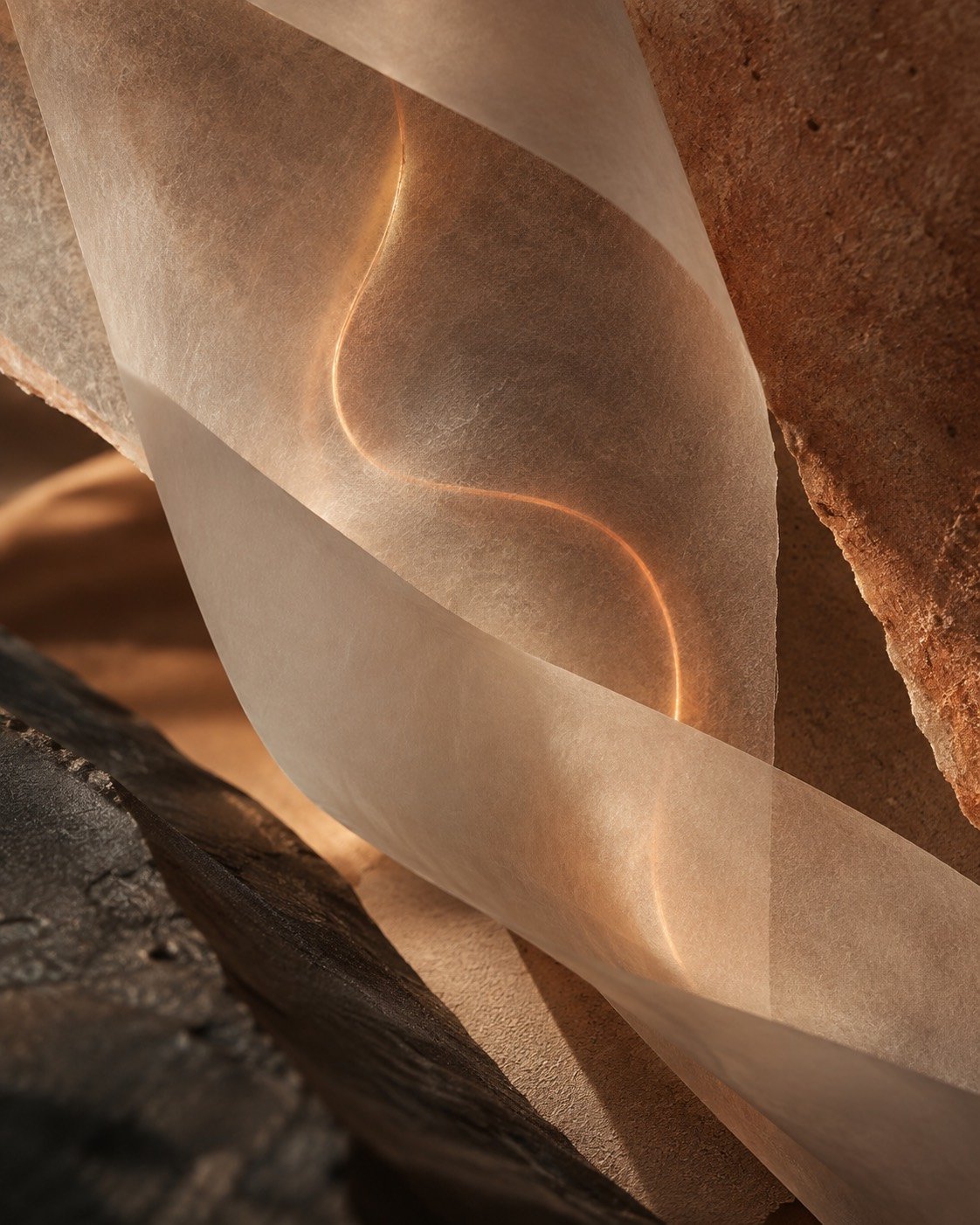 Composição editorial abstrata de camadas translúcidas e luz